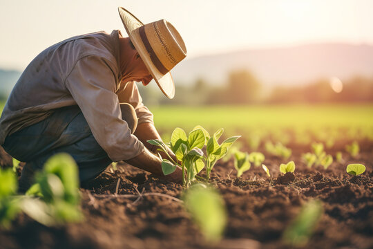 Produtor rural cuidando de plantação no campo