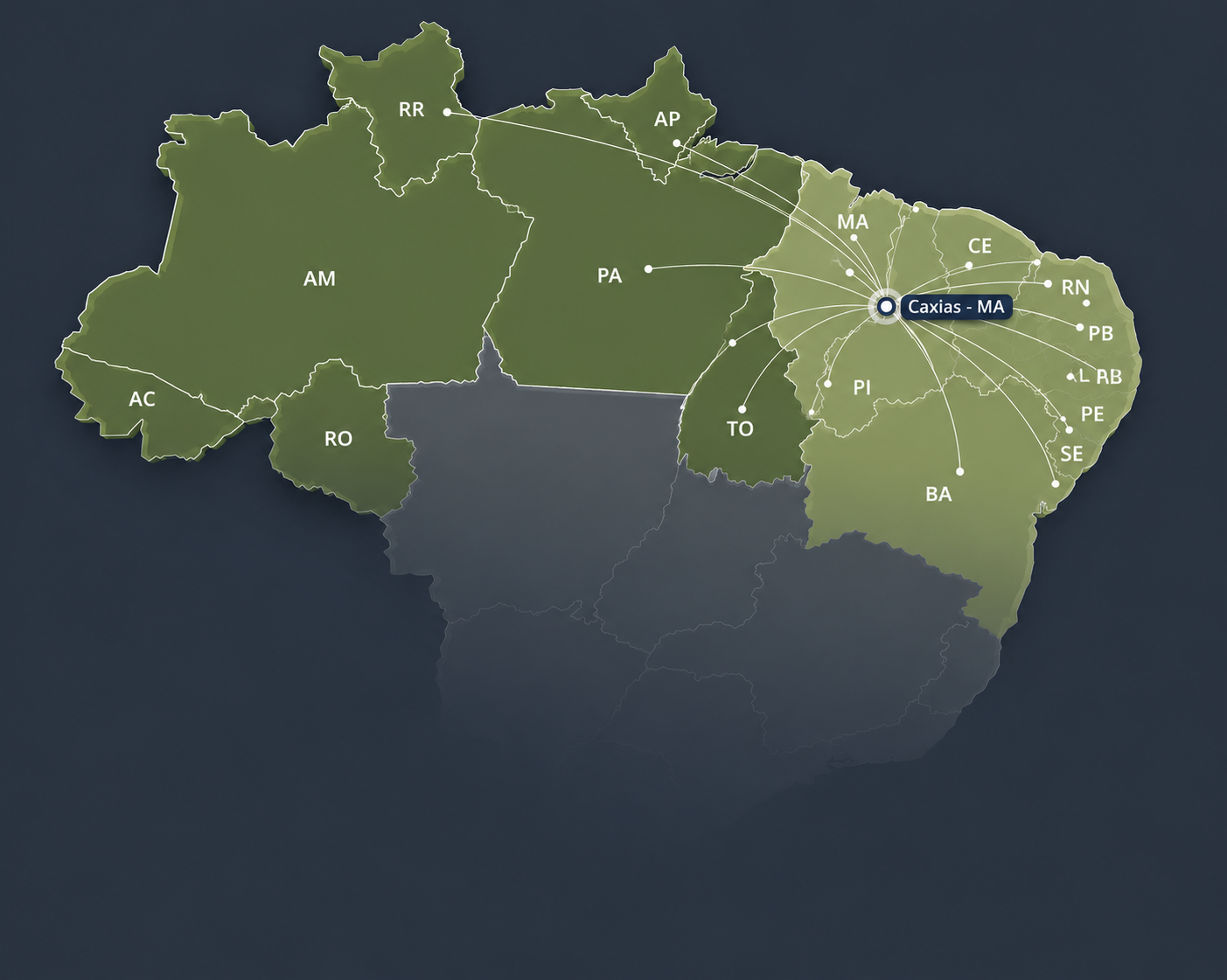 Mapa do Brasil com as regiões Norte e Nordeste destacadas e a sede da Gênesis em Caxias - MA